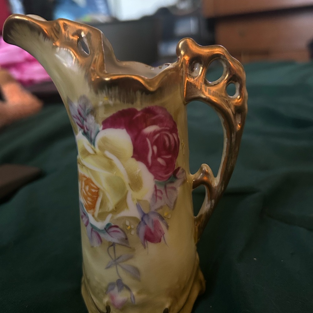 Floral Ceramic Pitcher with Gold Accents